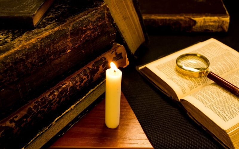 Cozy candlelit vignette with vintage books and magnifying glass, evoking a sense of history and mystery.