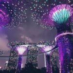 Illuminated Supertree Grove in Singapore at night, showcasing vibrant lights and modern architecture.