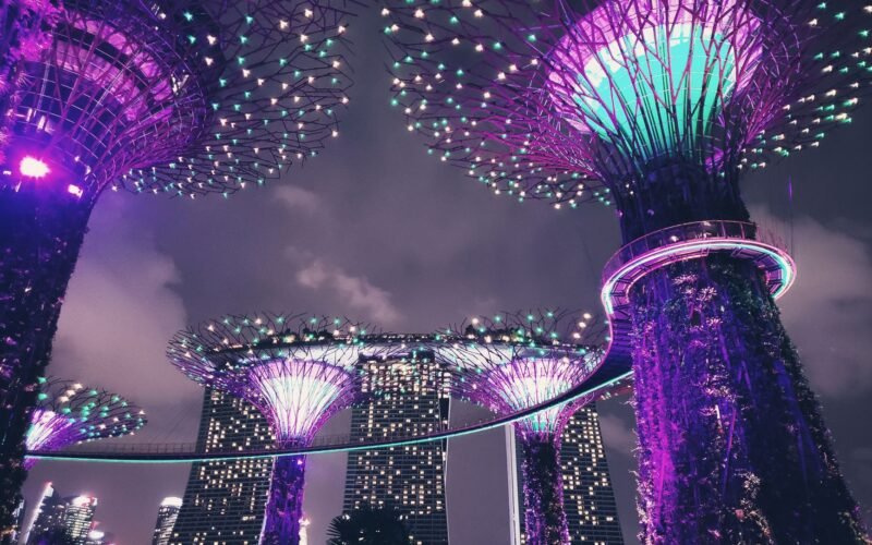 Illuminated Supertree Grove in Singapore at night, showcasing vibrant lights and modern architecture.