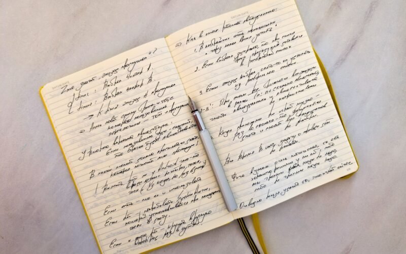 Open notebook with cursive handwritten notes on marble surface and a pen resting on pages.