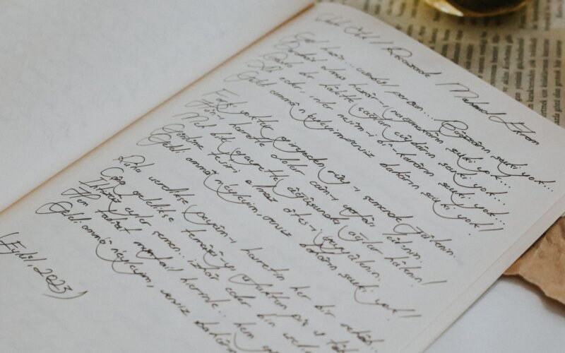 Close-up of elegant handwriting on an open notebook with a vintage aesthetic.