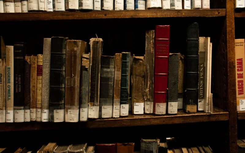 Old and rare books on wooden shelves in a São Paulo library, showcasing classic literature and history.