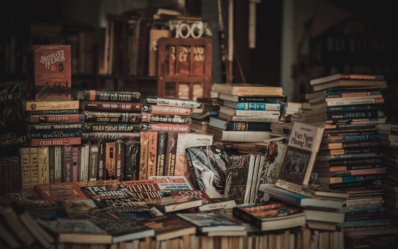 A cozy indoor bookstore with stacked bookshelves filled with novels and literature.