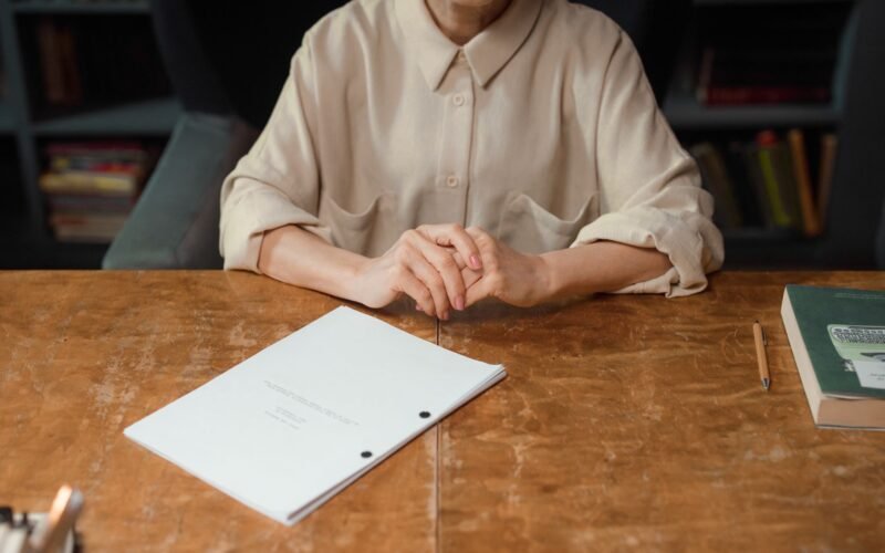 Woman sitting at wooden desk reviewing a screenplay in an office setting.
